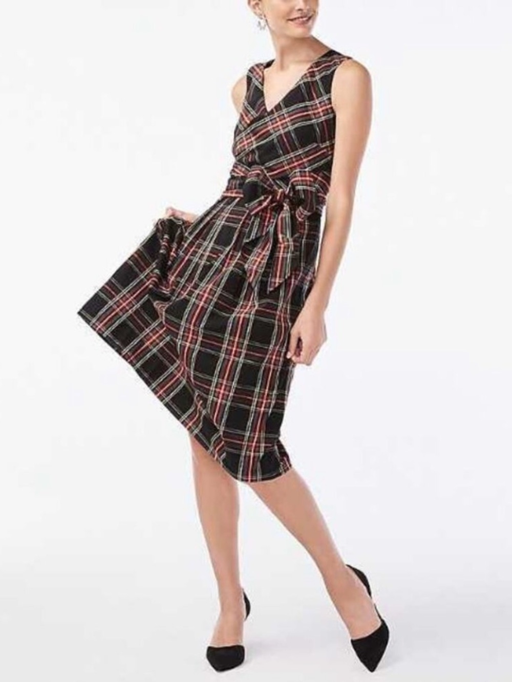 J. Crew Factory Black Plaid Midi Dress with Red and White Accents